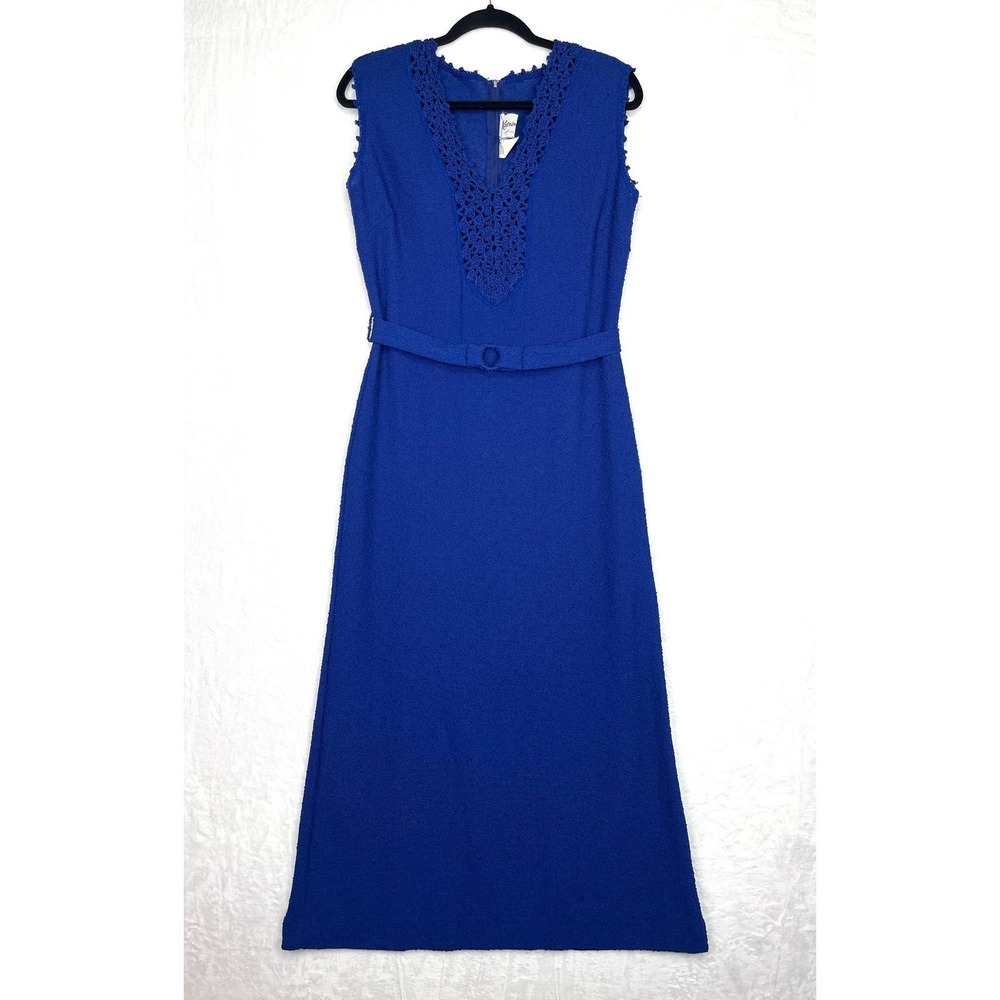 1970s Vintage Katrina of California Knit Maxi Dress Lattice Neckline Blue Large